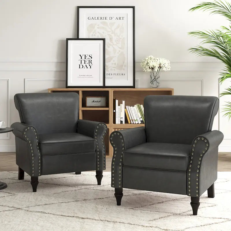 Fauteuil d'appoint en similicuir, marron/noir/gris, accoudoirs arrondis, clous décoratifs, lot de 2, 2 places