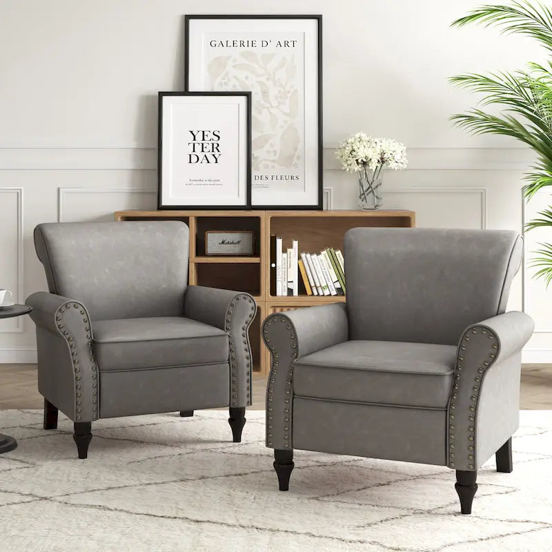 Fauteuil d'appoint en similicuir, marron/noir/gris, accoudoirs arrondis, clous décoratifs, lot de 2, 2 places