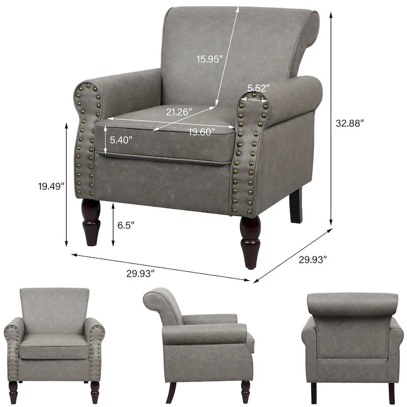 Fauteuil d'appoint en similicuir, marron/noir/gris, accoudoirs arrondis, clous décoratifs, lot de 2, 2 places