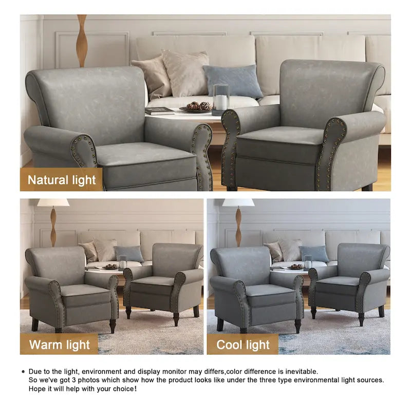 Fauteuil d'appoint en similicuir, marron/noir/gris, accoudoirs arrondis, clous décoratifs, lot de 2, 2 places