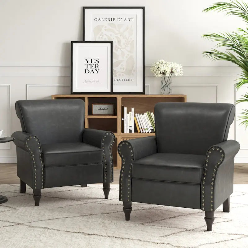Fauteuil d'appoint en similicuir, marron/noir/gris, accoudoirs arrondis, clous décoratifs, lot de 2, 2 places