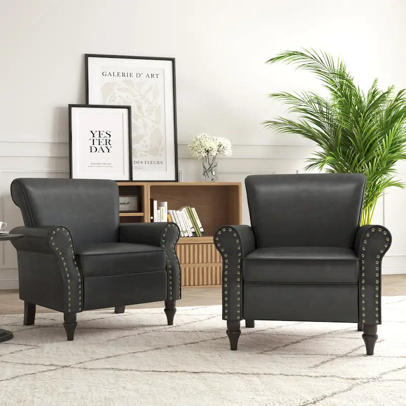 Fauteuil d'appoint en similicuir, marron/noir/gris, accoudoirs arrondis, clous décoratifs, lot de 2, 2 places