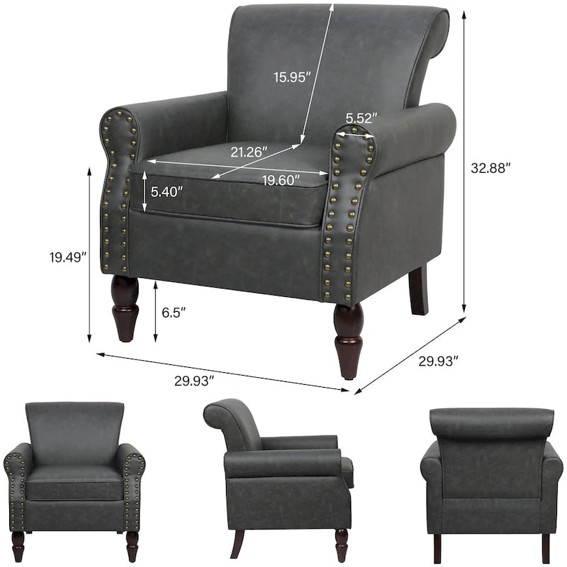 Fauteuil d'appoint en similicuir, marron/noir/gris, accoudoirs arrondis, clous décoratifs, lot de 2, 2 places