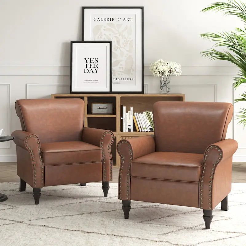 Fauteuil d'appoint en similicuir, marron/noir/gris, accoudoirs arrondis, clous décoratifs, lot de 2, 2 places
