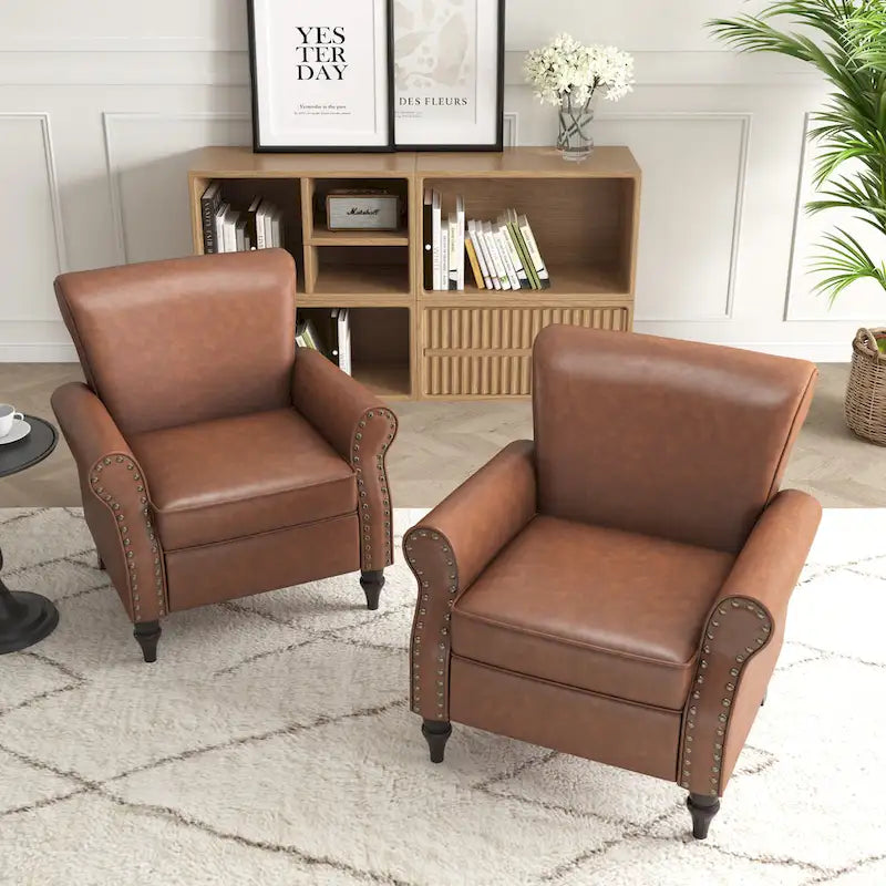 Fauteuil d'appoint en similicuir, marron/noir/gris, accoudoirs arrondis, clous décoratifs, lot de 2, 2 places