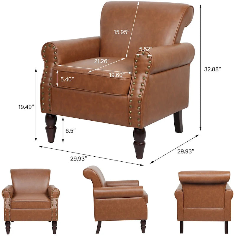 Fauteuil d'appoint en similicuir, marron/noir/gris, accoudoirs arrondis, clous décoratifs, lot de 2, 2 places