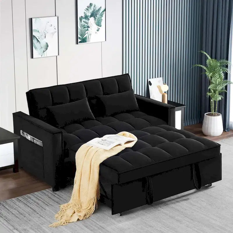 Causeuse convertible, dossier à 3 positions, velours, mousse, poches latérales, USB, 2 places/lit jumeau, bleu/noir/gris