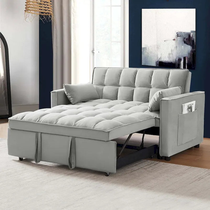 Causeuse convertible, dossier à 3 positions, velours, mousse, poches latérales, USB, 2 places/lit jumeau, bleu/noir/gris