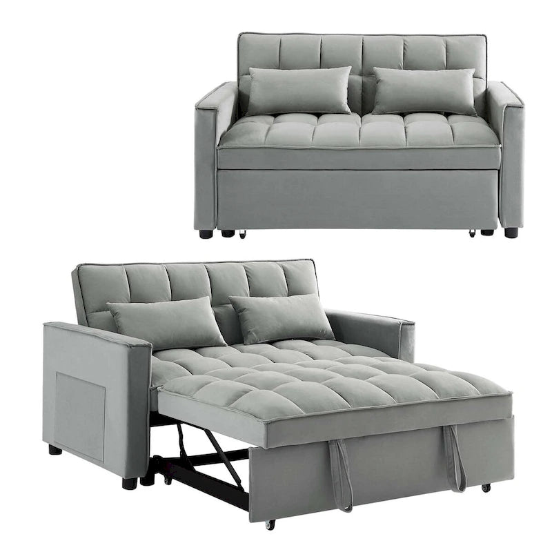 Causeuse convertible, dossier à 3 positions, velours, mousse, poches latérales, USB, 2 places/lit jumeau, bleu/noir/gris