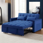 Causeuse convertible, dossier à 3 positions, velours, mousse, poches latérales, USB, 2 places/lit jumeau, bleu/noir/gris