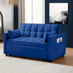 Causeuse convertible, dossier à 3 positions, velours, mousse, poches latérales, USB, 2 places/lit jumeau, bleu/noir/gris
