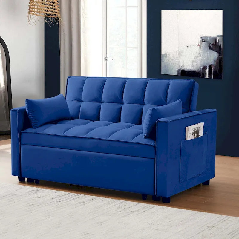 Causeuse convertible, dossier à 3 positions, velours, mousse, poches latérales, USB, 2 places/lit jumeau, bleu/noir/gris