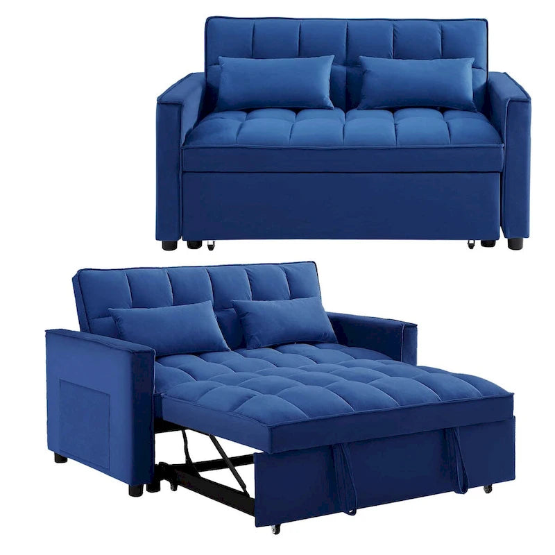 Causeuse convertible, dossier à 3 positions, velours, mousse, poches latérales, USB, 2 places/lit jumeau, bleu/noir/gris