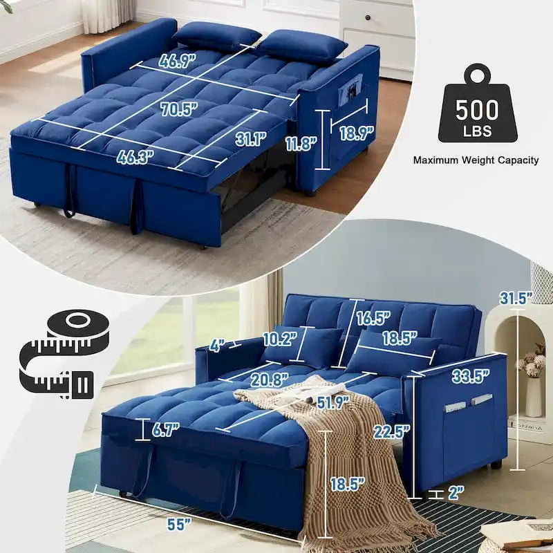 Causeuse convertible, dossier à 3 positions, velours, mousse, poches latérales, USB, 2 places/lit jumeau, bleu/noir/gris