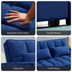Causeuse convertible, dossier à 3 positions, velours, mousse, poches latérales, USB, 2 places/lit jumeau, bleu/noir/gris