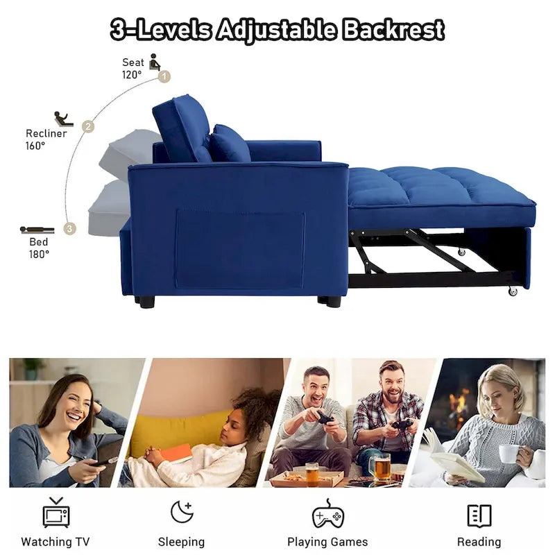 Causeuse convertible, dossier à 3 positions, velours, mousse, poches latérales, USB, 2 places/lit jumeau, bleu/noir/gris