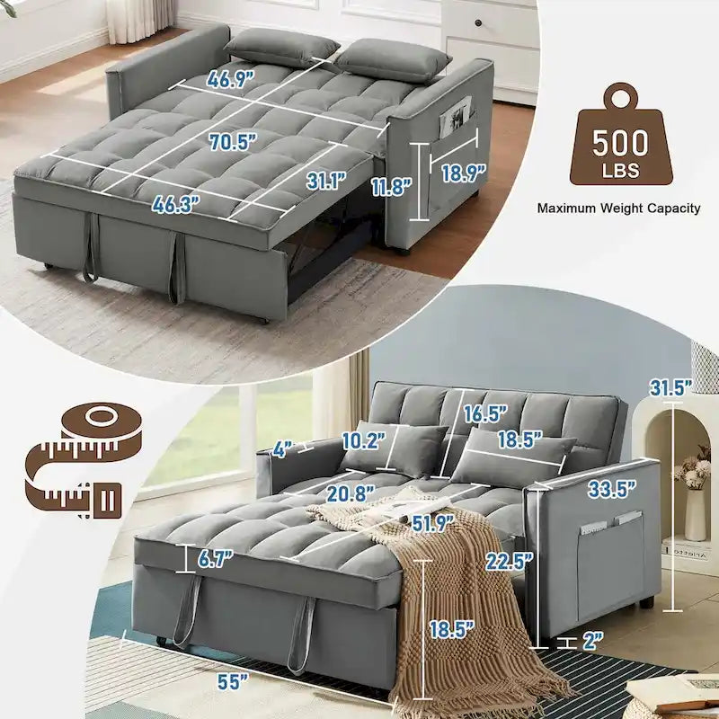Causeuse convertible, dossier à 3 positions, velours, mousse, poches latérales, USB, 2 places/lit jumeau, bleu/noir/gris