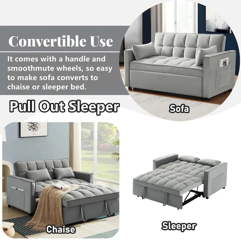 Causeuse convertible, dossier à 3 positions, velours, mousse, poches latérales, USB, 2 places/lit jumeau, bleu/noir/gris
