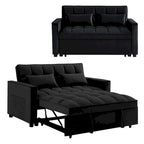 Causeuse convertible, dossier à 3 positions, velours, mousse, poches latérales, USB, 2 places/lit jumeau, bleu/noir/gris