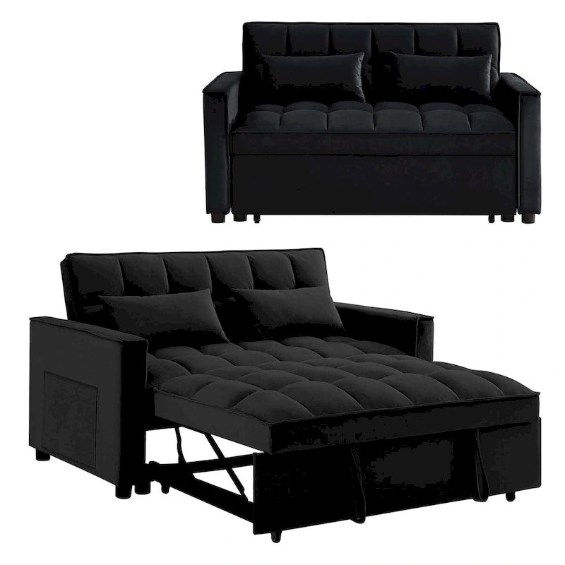 Causeuse convertible, dossier à 3 positions, velours, mousse, poches latérales, USB, 2 places/lit jumeau, bleu/noir/gris