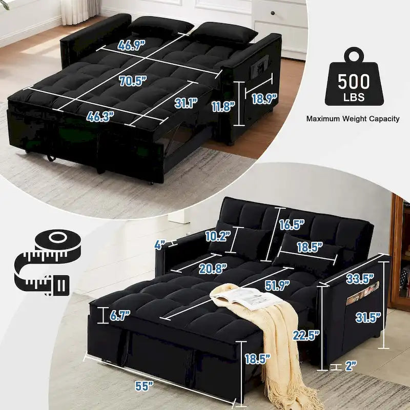 Causeuse convertible, dossier à 3 positions, velours, mousse, poches latérales, USB, 2 places/lit jumeau, bleu/noir/gris