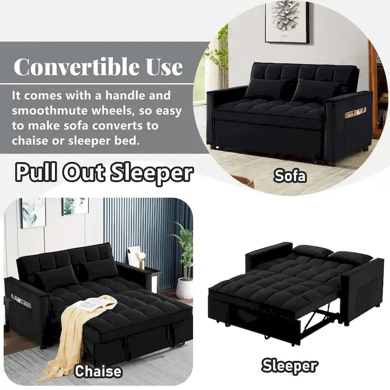Causeuse convertible, dossier à 3 positions, velours, mousse, poches latérales, USB, 2 places/lit jumeau, bleu/noir/gris