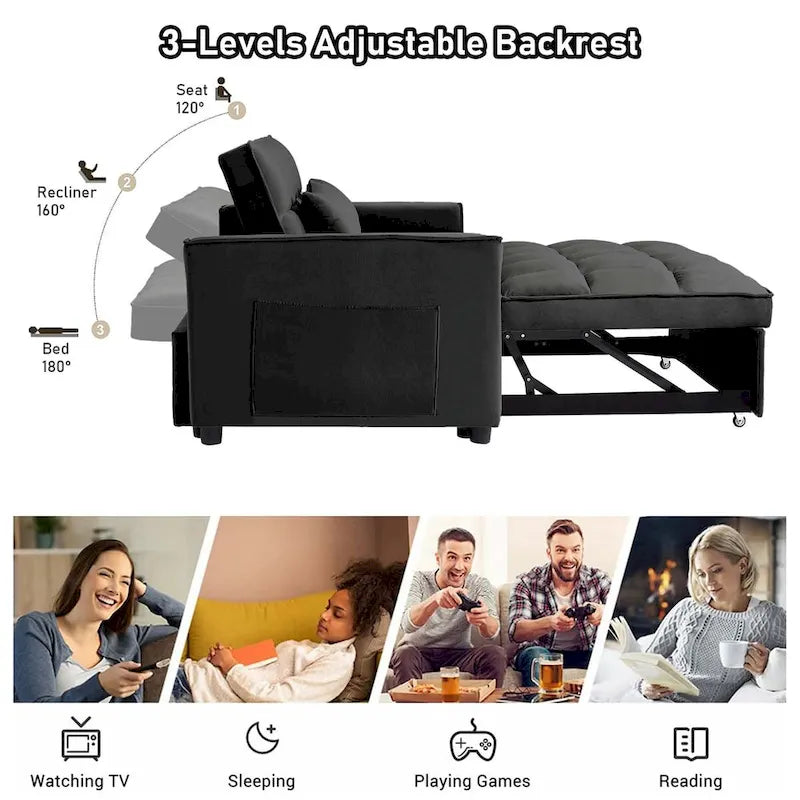 Causeuse convertible, dossier à 3 positions, velours, mousse, poches latérales, USB, 2 places/lit jumeau, bleu/noir/gris