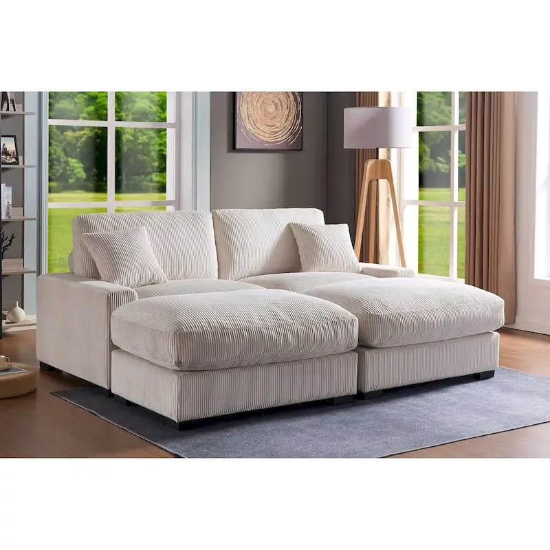 Canapé sectionnel modulaire avec pouf et oreillers, Velours côtelé, Beige/Gris, Coussin haute densité