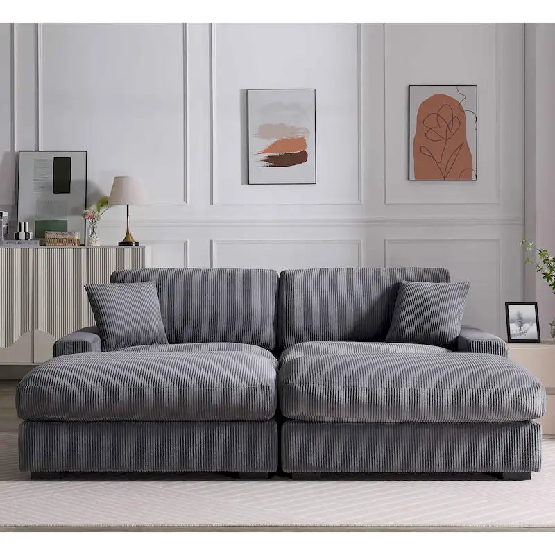 Canapé sectionnel modulaire avec pouf et oreillers, Velours côtelé, Beige/Gris, Coussin haute densité