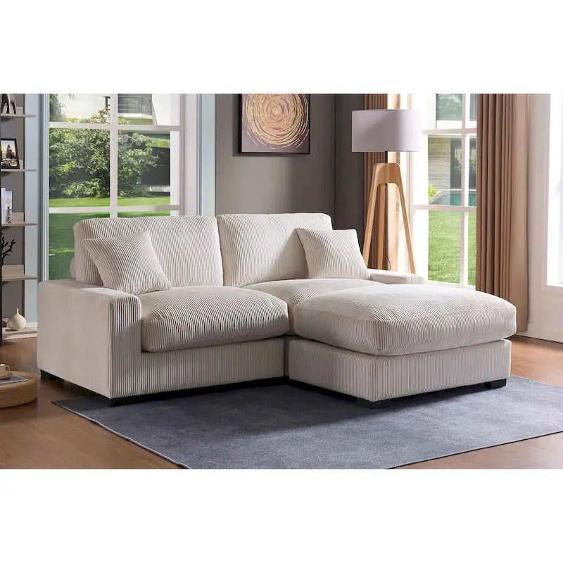Canapé sectionnel modulaire avec pouf et oreillers, Velours côtelé, Beige/Gris, Coussin haute densité