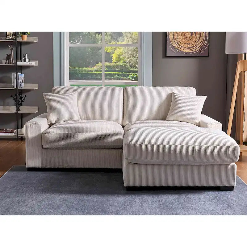 Canapé sectionnel modulaire avec pouf et oreillers, Velours côtelé, Beige/Gris, Coussin haute densité