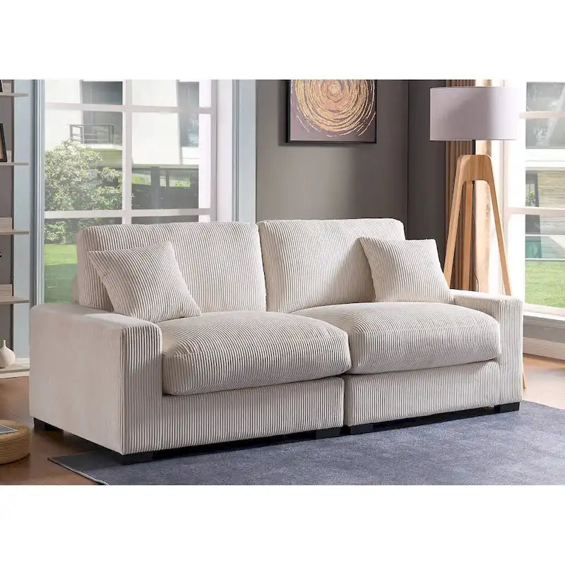 Canapé sectionnel modulaire avec pouf et oreillers, Velours côtelé, Beige/Gris, Coussin haute densité