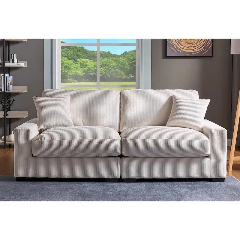 Canapé sectionnel modulaire avec pouf et oreillers, Velours côtelé, Beige/Gris, Coussin haute densité