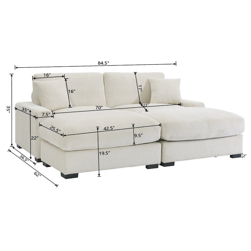 Canapé sectionnel modulaire avec pouf et oreillers, Velours côtelé, Beige/Gris, Coussin haute densité