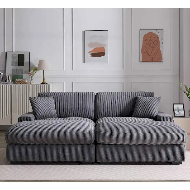 Canapé sectionnel modulaire avec pouf et oreillers, Velours côtelé, Beige/Gris, Coussin haute densité