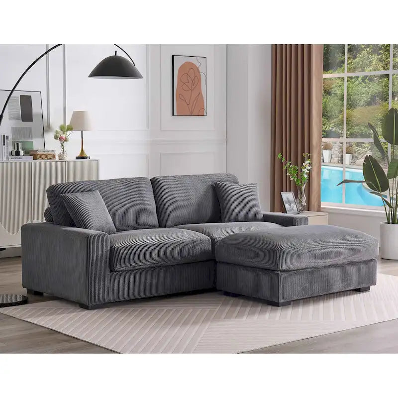 Canapé sectionnel modulaire avec pouf et oreillers, Velours côtelé, Beige/Gris, Coussin haute densité