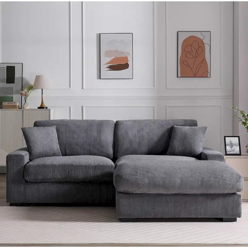 Canapé sectionnel modulaire avec pouf et oreillers, Velours côtelé, Beige/Gris, Coussin haute densité