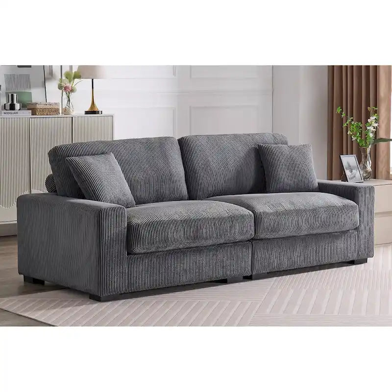 Canapé sectionnel modulaire avec pouf et oreillers, Velours côtelé, Beige/Gris, Coussin haute densité