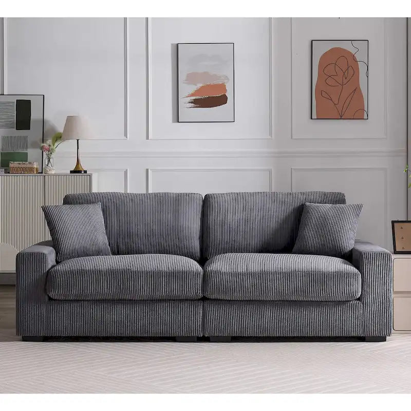 Canapé sectionnel modulaire avec pouf et oreillers, Velours côtelé, Beige/Gris, Coussin haute densité