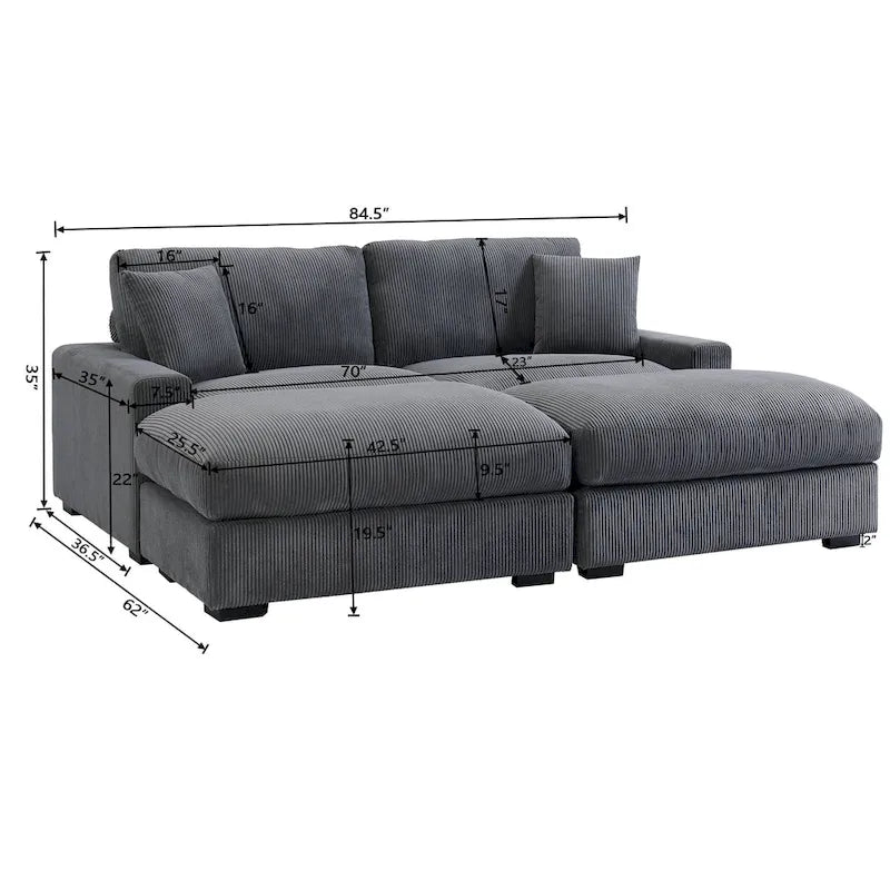 Canapé sectionnel modulaire avec pouf et oreillers, Velours côtelé, Beige/Gris, Coussin haute densité