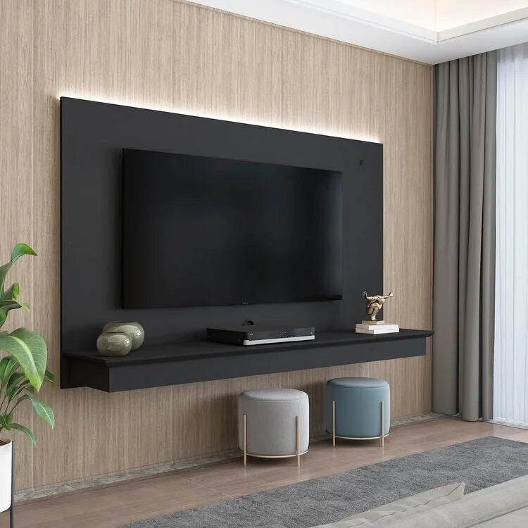 Meuble TV flottant avec bande LED et étagère, compatible TV 55"-60", gestion des câbles, 3 couleurs