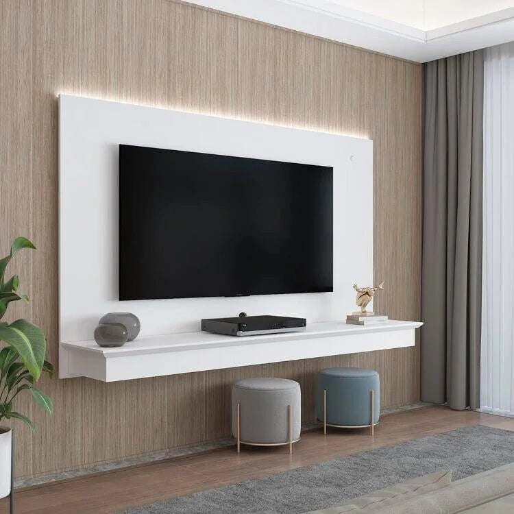 Meuble TV flottant avec bande LED et étagère, compatible TV 55"-60", gestion des câbles, 3 couleurs
