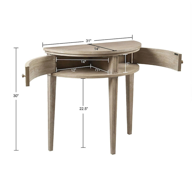 Console demi-lune avec porte cannelée et poignée en bronze, bois de blé recyclé, 31"L x 14"P x 30"H