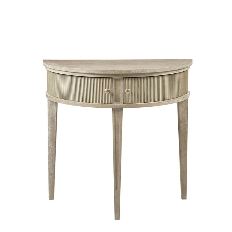 Console demi-lune avec porte cannelée et poignée en bronze, bois de blé recyclé, 31"L x 14"P x 30"H
