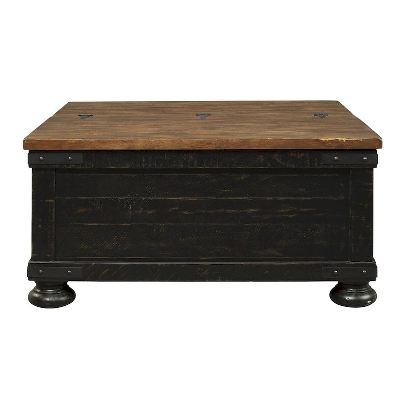 Table basse relevable avec rangement façon malle, marron et noir, bois, style planches, accents métalliques