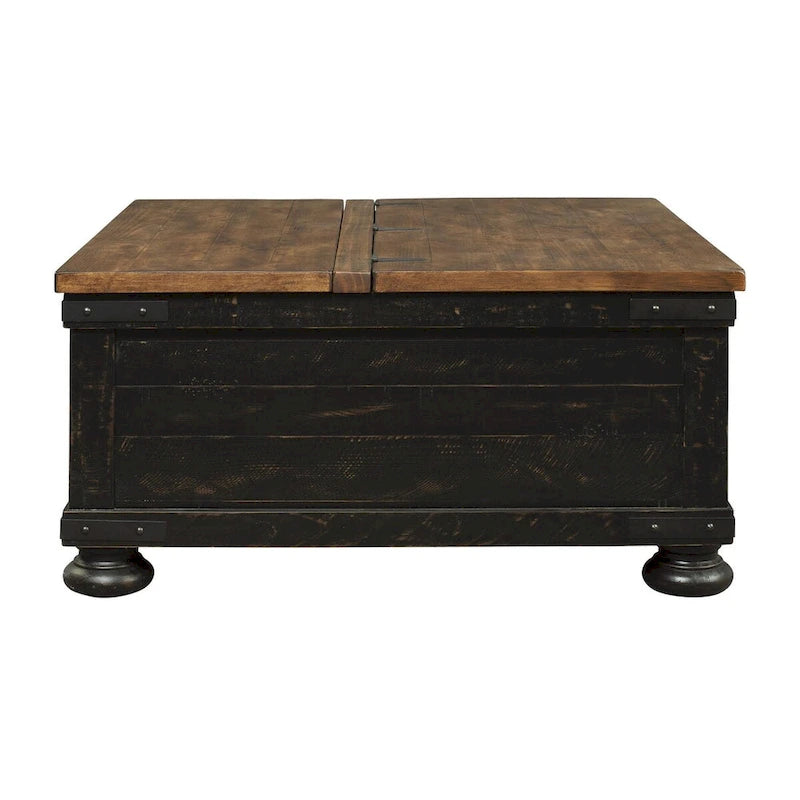 Table basse relevable avec rangement façon malle, marron et noir, bois, style planches, accents métalliques