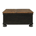 Table basse relevable avec rangement façon malle, marron et noir, bois, style planches, accents métalliques