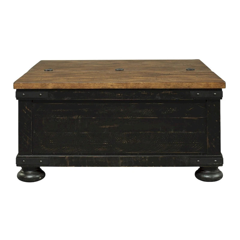 Table basse relevable avec rangement façon malle, marron et noir, bois, style planches, accents métalliques
