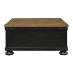 Table basse relevable avec rangement façon malle, marron et noir, bois, style planches, accents métalliques