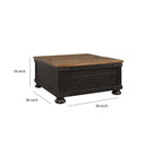 Table basse relevable avec rangement façon malle, marron et noir, bois, style planches, accents métalliques